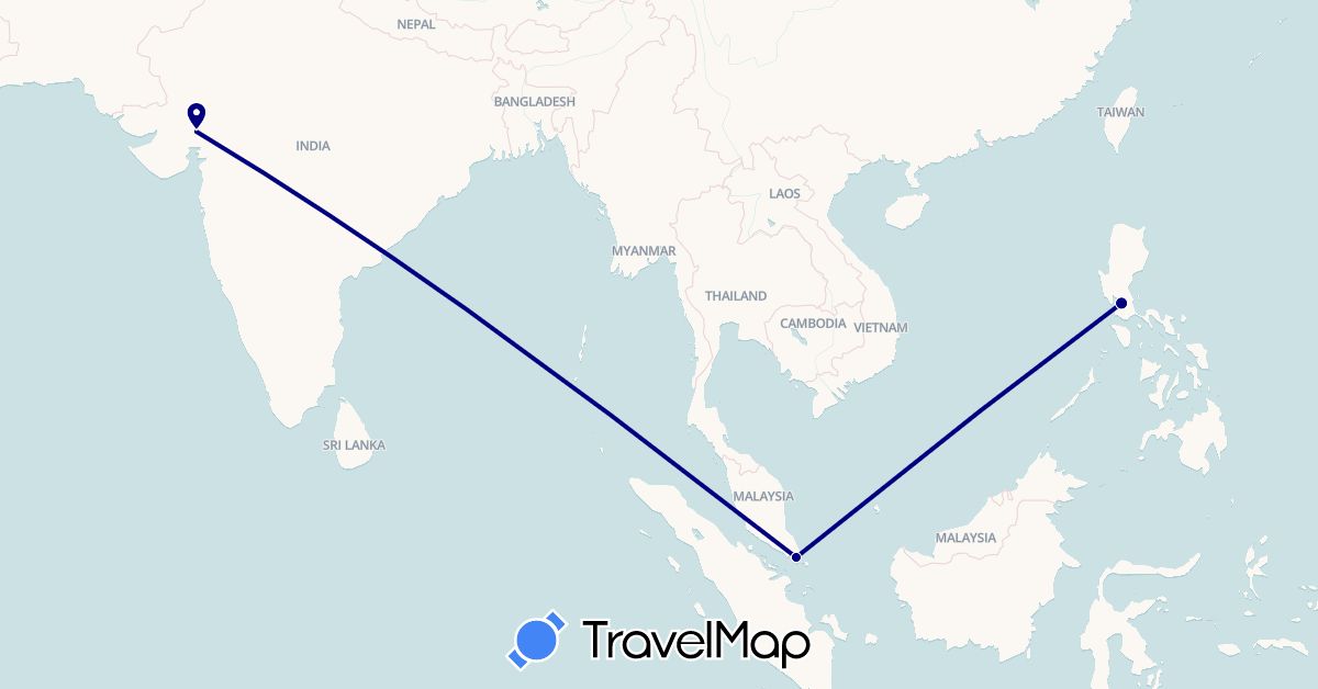 TravelMap itinerary: driving in India, Philippines, Singapore (Asia)